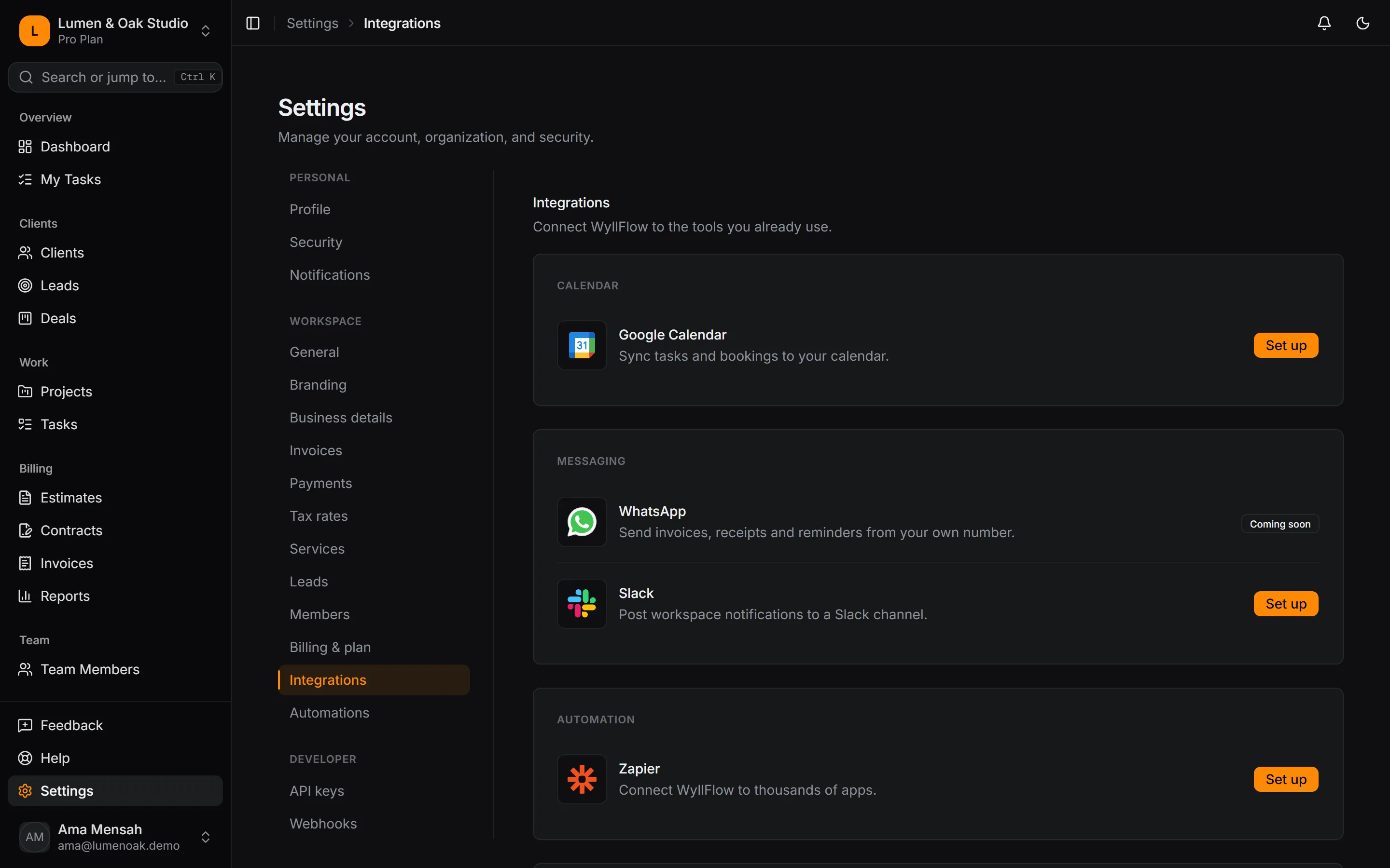 Integrations settings with Google Calendar, Slack and Zapier connections, WhatsApp coming soon