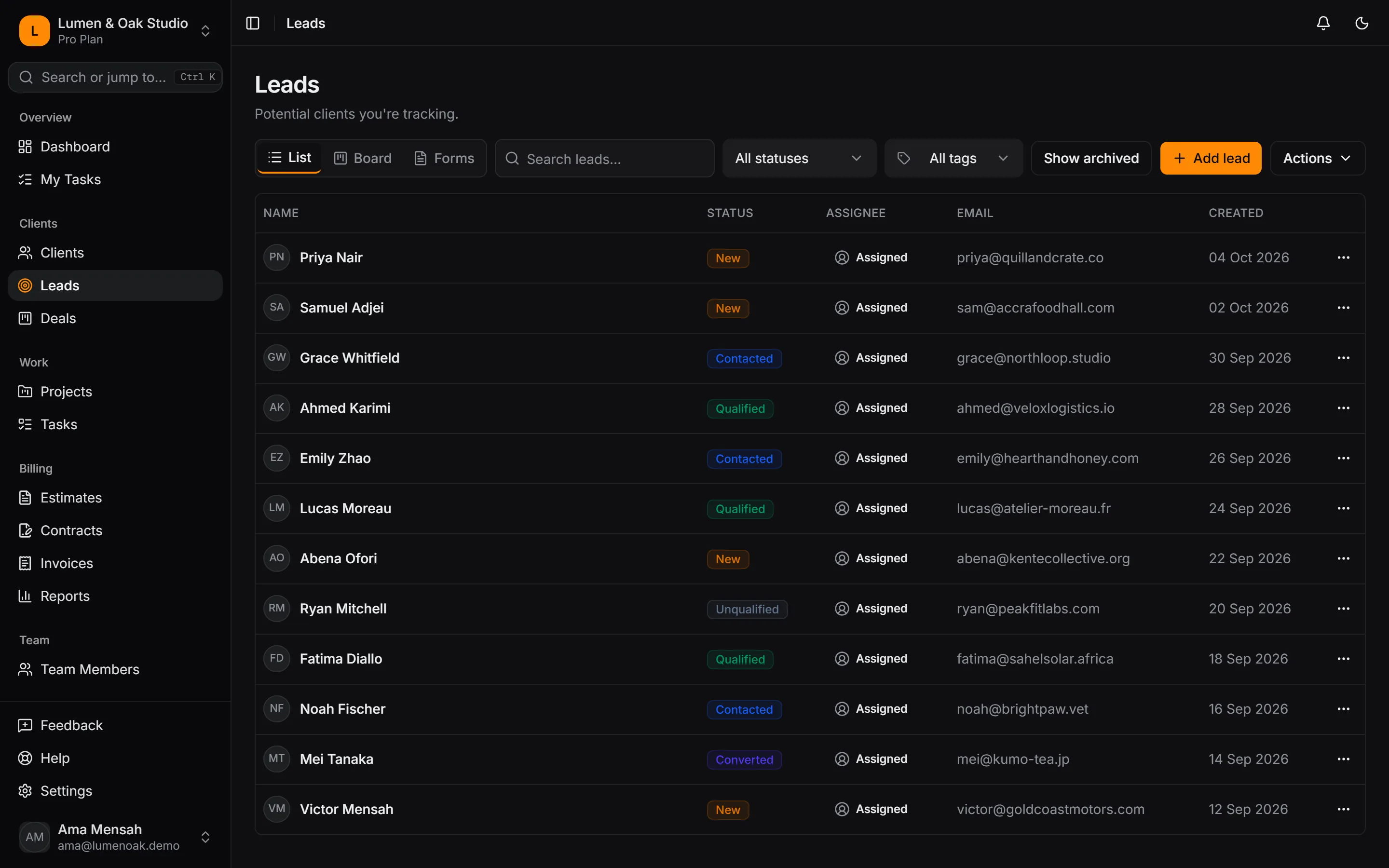 Leads list with status, source and contact details