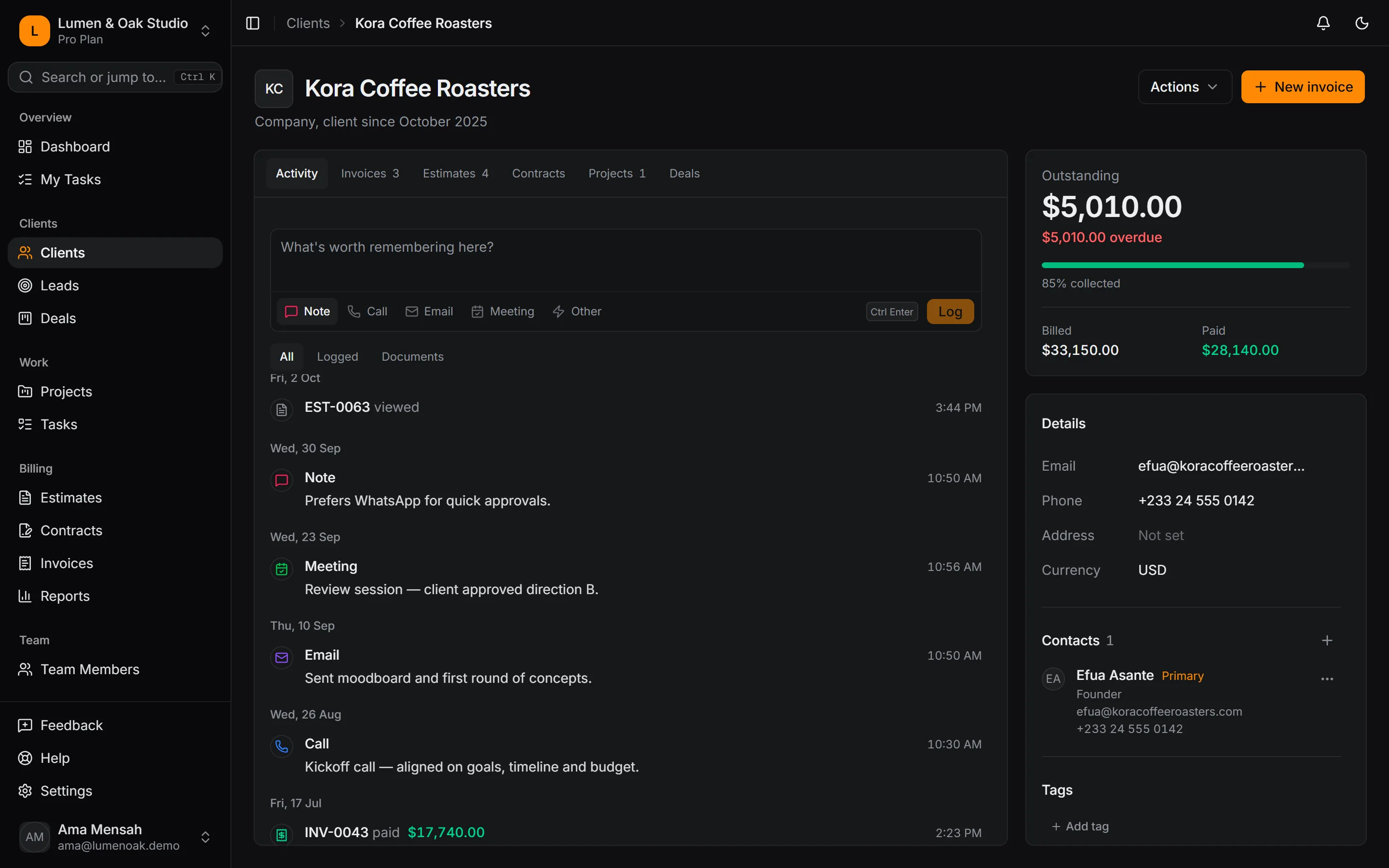 Kora Coffee Roasters client record with its activity feed, outstanding balance and contacts