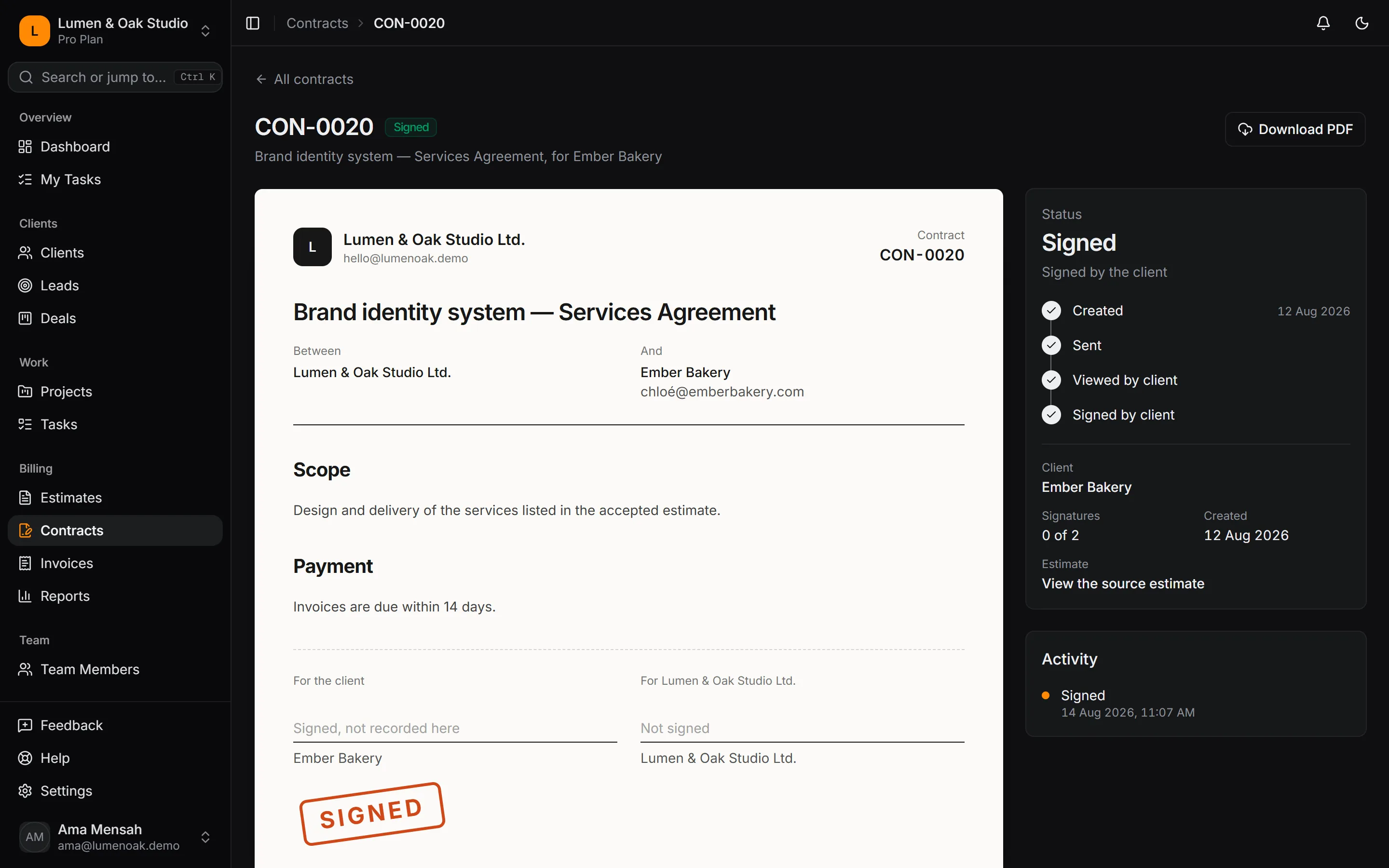 A signed services agreement for Ember Bakery with its activity history