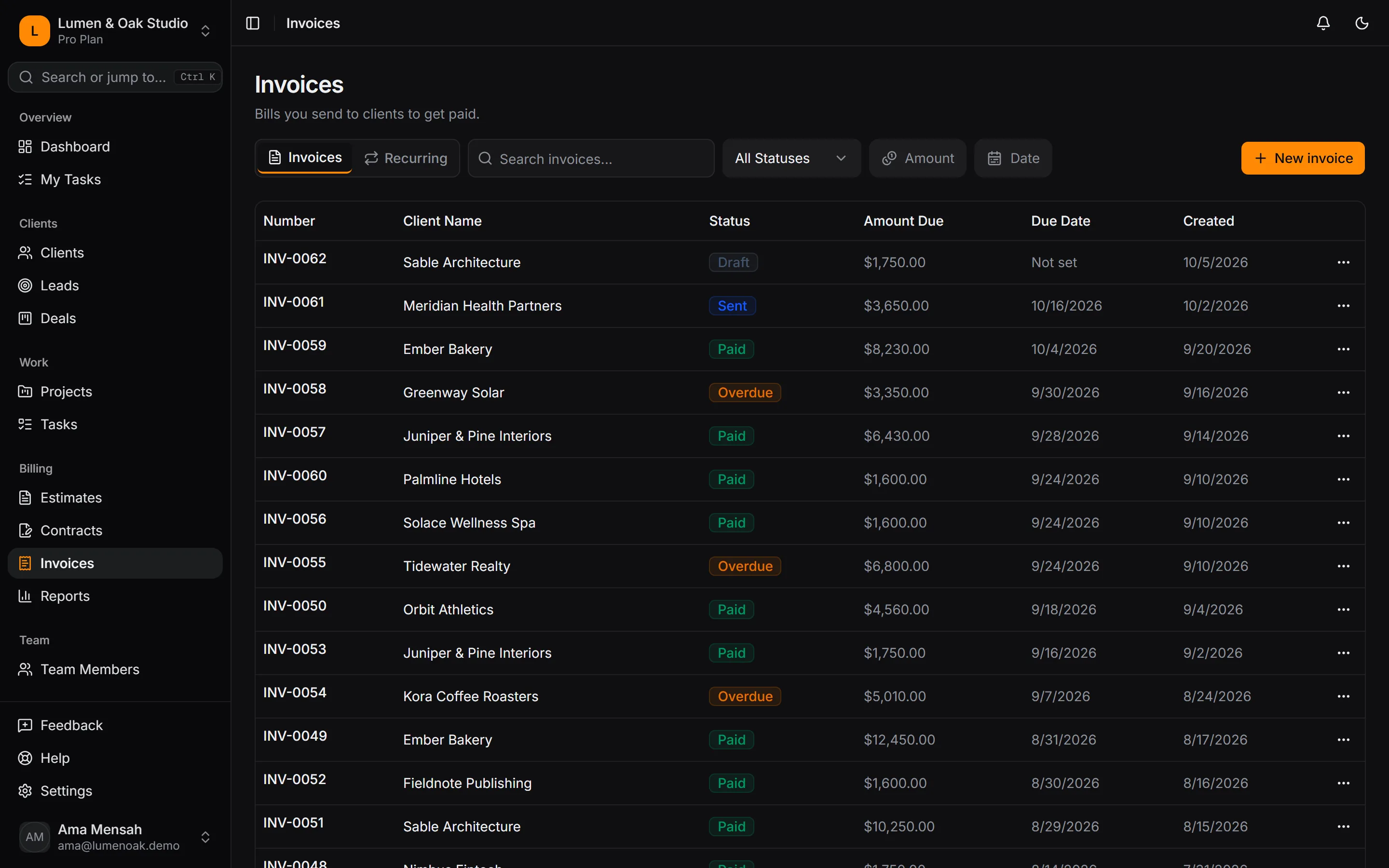 Invoices list with draft, sent, paid and overdue statuses