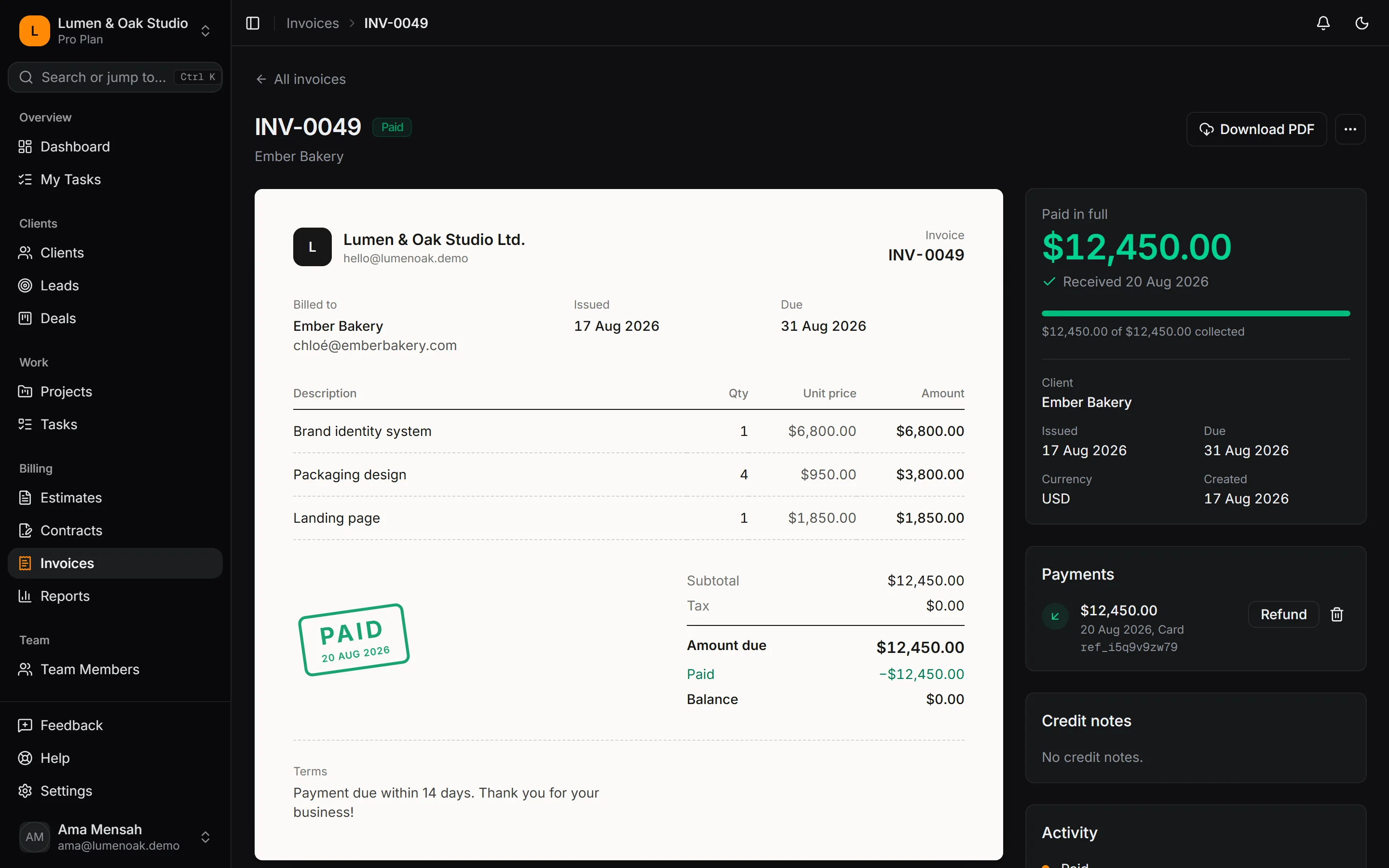 Invoice INV-0049 for Ember Bakery marked paid, balance zero