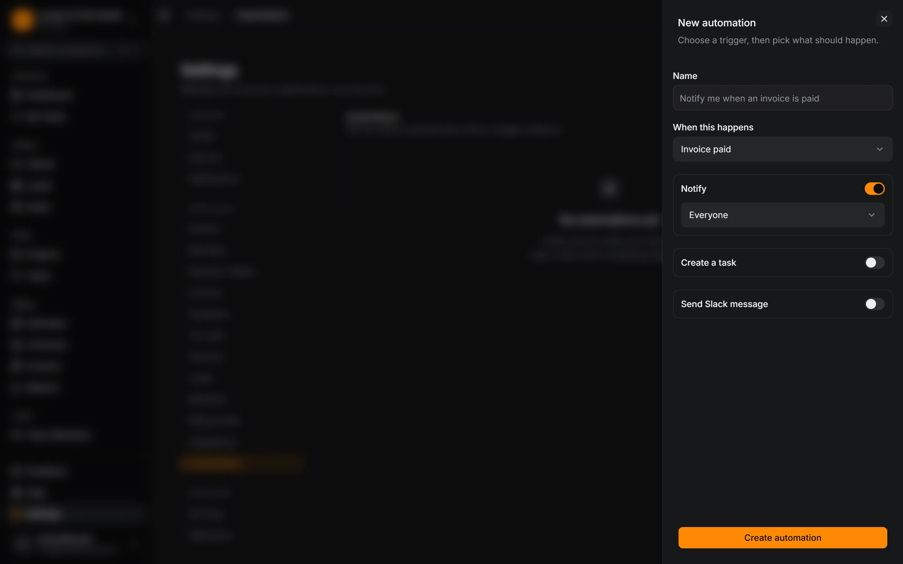 New automation: when an invoice is paid, notify everyone, with task and Slack actions