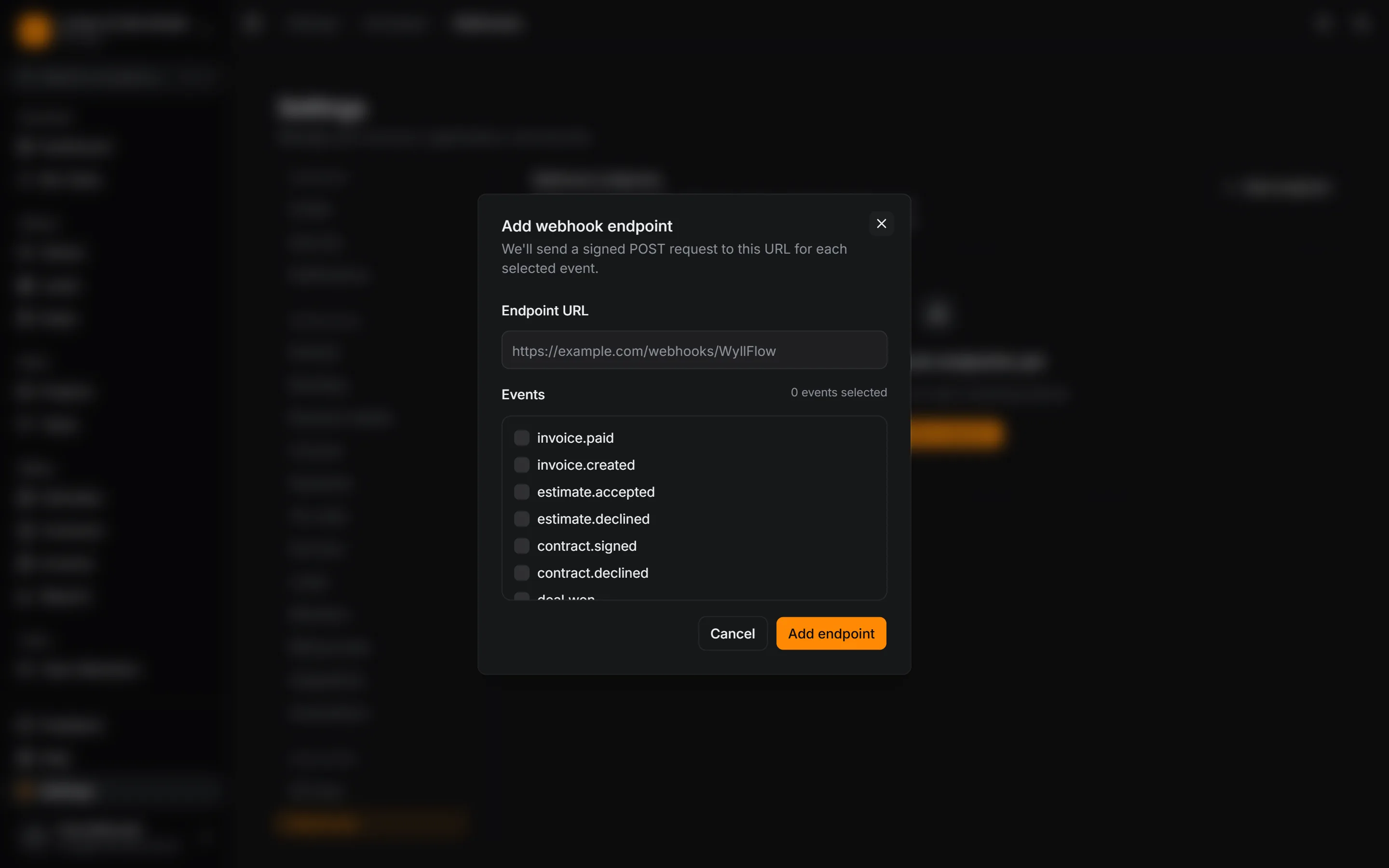 Add webhook endpoint dialog with signed delivery and events like invoice.paid and contract.signed