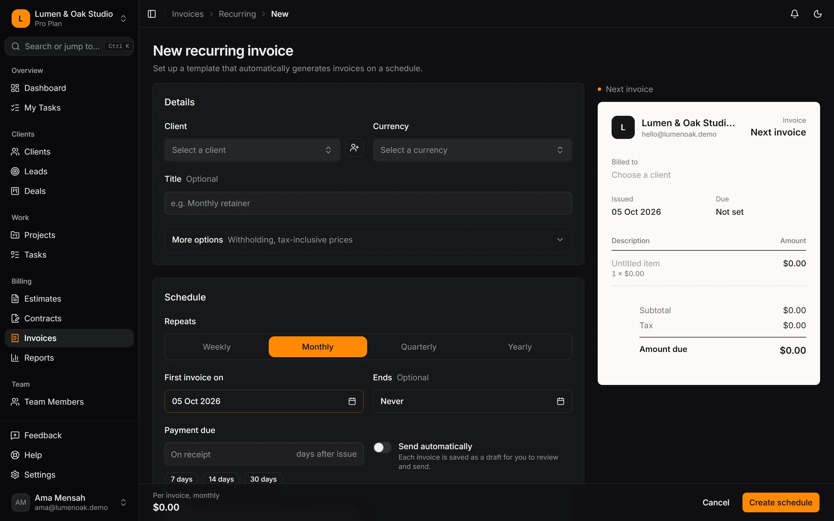 New recurring invoice form with billing interval, start date and auto-send
